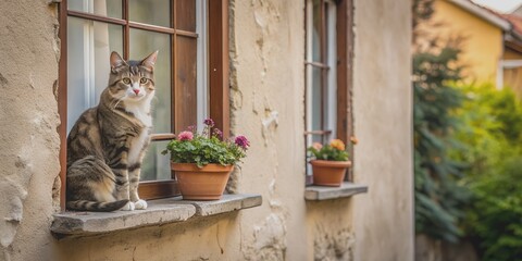 Cozy exterior scene of cat sitting on house wall near window, enjoying the view AI-Generated Content, view, wall