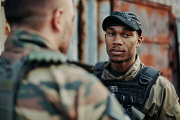 Fototapeta premium Portrait of a private guard talking to a colleague during a shift change, Generative AI