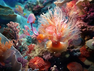 Vibrant underwater scene featuring colorful corals, sea anemones, and diverse marine life in a stunning coral reef ecosystem.