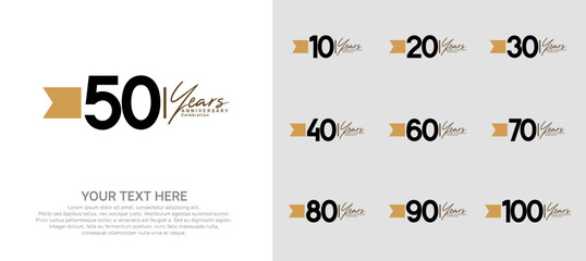 anniversary logotype set. black number and brown ribbon for celebration