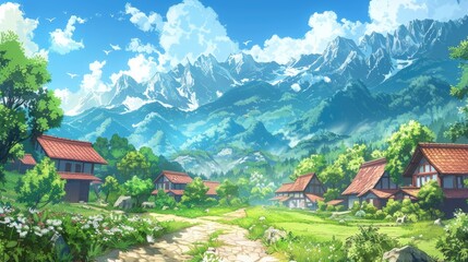 Fototapeta premium Charming rural village with mountain scenery, anime style nature background illustration.