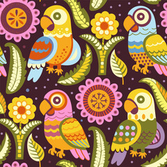 colored parrots in flowers on a dark background. seamless pattern