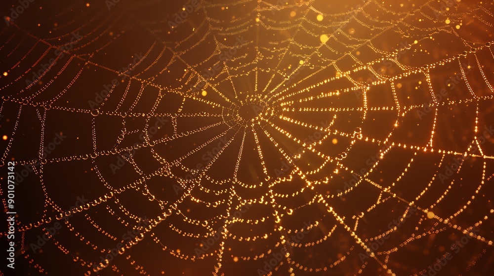 Sticker a spiderweb with dewdrops in a forest with golden light shining through.
