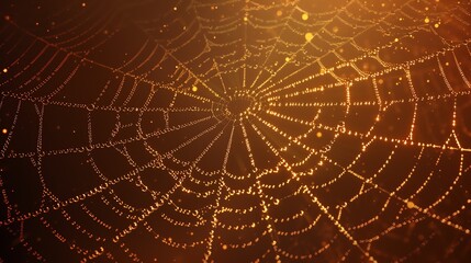 A spiderweb with dewdrops in a forest with golden light shining through.