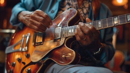 Obraz premium Experienced Jazz Guitarist Performing Live On Stage With Warm Lighting And Authentic Musical Energy