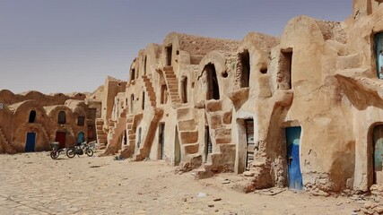 Tataouine, Tunisia - March 28, 2024: Ksar Medenine is an old Berber fortified granary, or ksar located in the town of Medenine in southeastern Tunisia