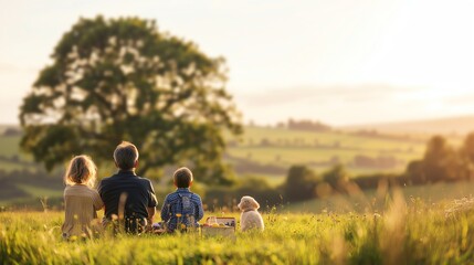Children enjoying a serene sunset in a vast, picturesque countryside meadow with a large tree in the distance.