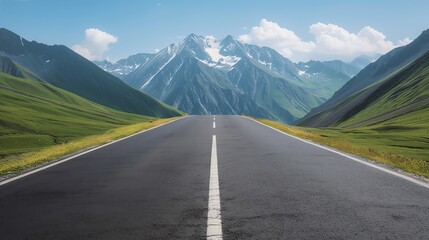 Fototapeta premium Straight empty road leading towards majestic snow-capped mountains with green hills on a sunny day, blue sky and clouds.