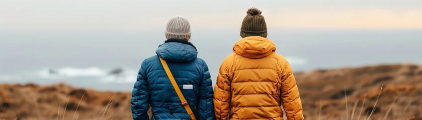 Two people in jackets stand on a cliffside, gazing at the ocean horizon during an overcast day with a serene, tranquil atmosphere.