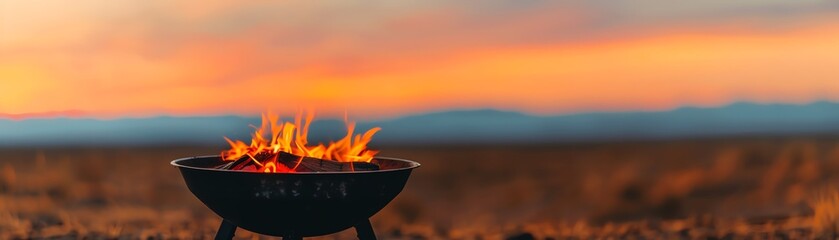 A serene outdoor fire pit blazing warmly in an expansive desert landscape at sunset, creating a cozy and inviting atmosphere.