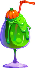 Cartoon Halloween cocktail, holiday party green creepy drink with slime overflowing from the top, served in glass with mini pumpkin garnish and a twisted red straw. Vector spooky and playful beverage