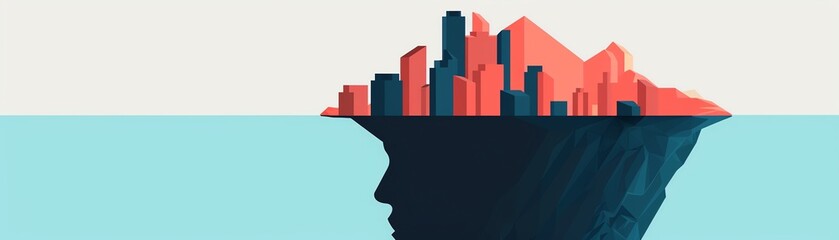 Obraz premium Abstract cityscape combined with a human head silhouette, symbolizing urban thoughts and modern life, under a blue and red artistic theme.