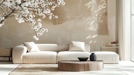 Stylish Interior of a Living Room with Sofa and Coffee Table Adorned by Blooming Branches
