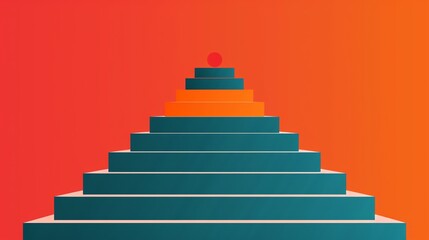 Obraz premium Minimalistic geometric staircase against a vibrant gradient background, leading to a red sphere on the top.