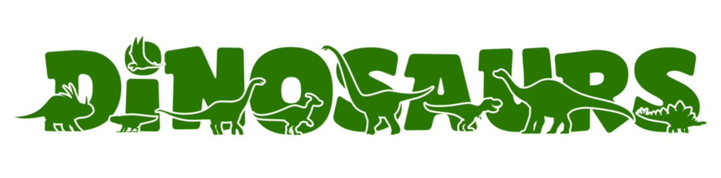 Prehistoric dinosaur silhouettes typography with green letters creatively integrated with different dino shapes, including triceratops, stegosaurus and brachiosaurus species. Vector word with reptiles
