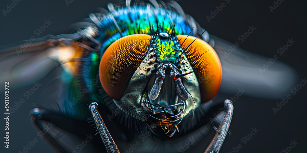 Wall mural close up portrait of an iridescent green and blue fly with orange eyes, generative AI