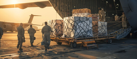 Amid challenging conditions, aid workers unload critical medical supplies from a cargo plane in a remote location.