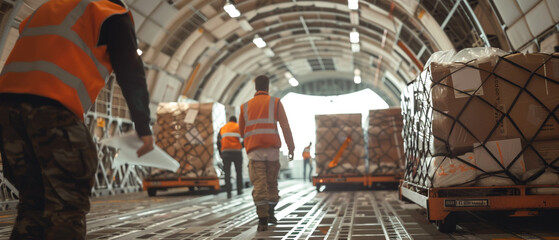 the dedication of aid workers as they unload lifesaving medical supplies from a cargo plane in a remote region.