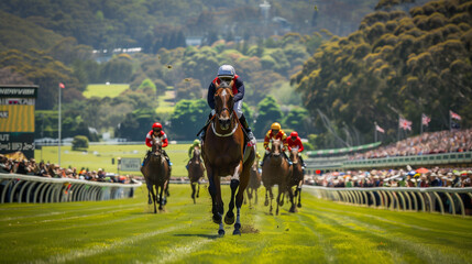 Spring Racing Carnival, horses galloping on the lush green track, background of spectator stands full of cheering people, Ai generated Images