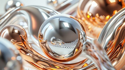 An abstract, 3D rendering of a composition of shiny, metallic spheres and flowing, undulating shapes.