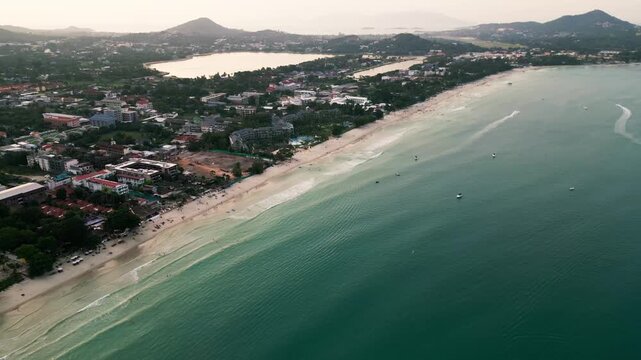 Aerial view of Chaweng beach in Koh Samui island in gulf of Thailand drone footage tropical paradise 