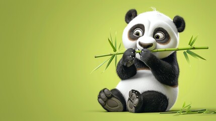 Fototapeta premium A cartoon panda bear eating a piece of bamboo.