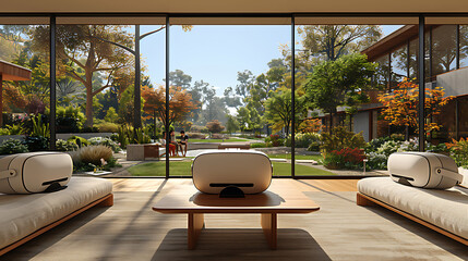 Crisp, clear photo of a college common area featuring AI and VR installations, with hyper-graphic design elements and students engaging in immersive educational experiences 