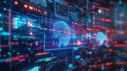Digital illustration of a futuristic interface with a blue glowing earth, red and blue lights, and other data representations.