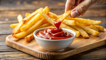 hand dips french fries in ketchup, french fries with ketchup, fastfood