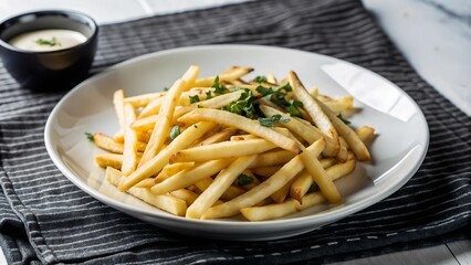 french fries, fried potatoes on a plate