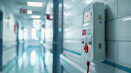 LifeSaving Technology Defibrillator Ready for Action in Empty Hospital Corridor