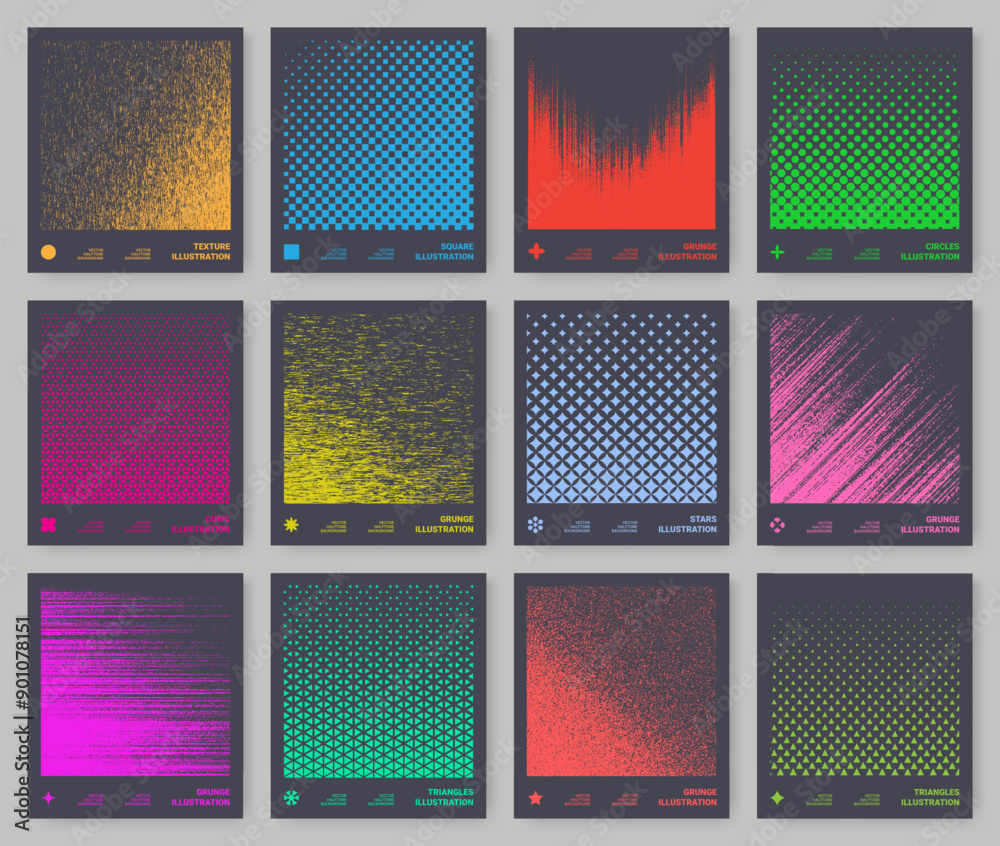 Aufkleber Wave pattern. Abstract gradient background. Curve tech transition for dynamic design. Halftone print. Gradient square shapes. Spray effect. Vector graphic color gradation textures set