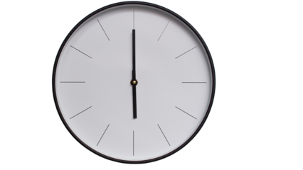 Minimalist White face and Black frame Wall Clock on White background - Perfect for Time Management and Scheduling Concepts - 18.00, 6.00
