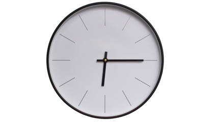 Minimalist White face and Black frame Wall Clock on White background - Perfect for Time Management and Scheduling Concepts - 18.15, 6.15