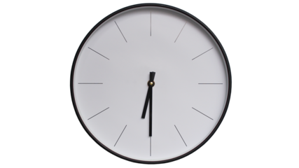 Minimalist White face and Black frame Wall Clock on White background - Perfect for Time Management and Scheduling Concepts - 6.30, 18.30