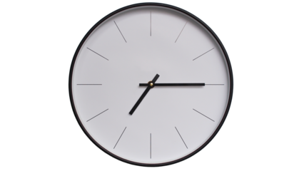 Minimalist White face and Black frame Wall Clock on White background - Perfect for Time Management and Scheduling Concepts - 19.15, 7.15