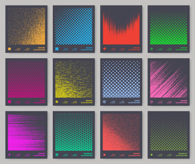 Wave pattern. Abstract gradient background. Curve tech transition for dynamic design. Halftone print. Gradient square shapes. Spray effect. Vector graphic color gradation textures set