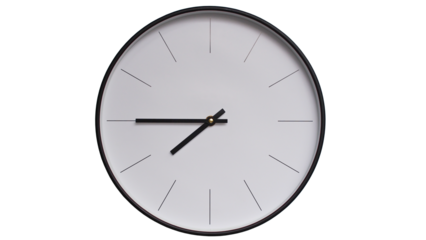 Minimalist White face and Black frame Wall Clock on White background - Perfect for Time Management and Scheduling Concepts - 19.45, 7.45