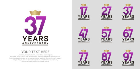 anniversary logotype set. purple color and golden crown can be use for celebration event