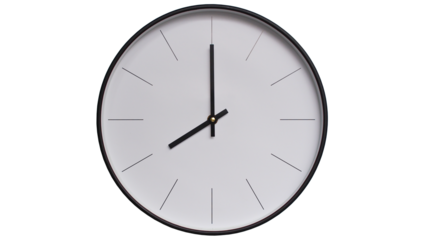 Minimalist White face and Black frame Wall Clock on White background - Perfect for Time Management and Scheduling Concepts - 8.00, 20.00