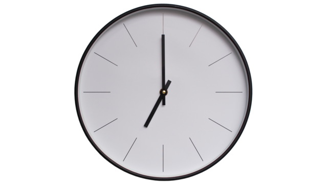 Minimalist White face and Black frame Wall Clock on White background - Perfect for Time Management and Scheduling Concepts - 7.00, 19.00