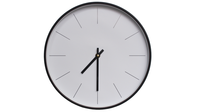Minimalist White face and Black frame Wall Clock on White background - Perfect for Time Management and Scheduling Concepts - 7.30, 19.30