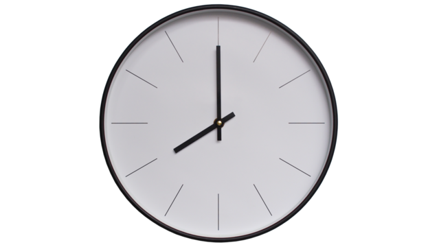 Minimalist White face and Black frame Wall Clock on White background - Perfect for Time Management and Scheduling Concepts - 8.00, 20.00