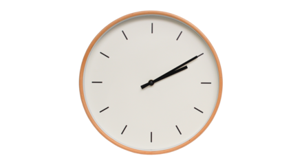 Isolated on white background Minimalist style wooden wall clock, showing time at  2.10 or 14.10 - Perfect for Time Management and Scheduling Concepts