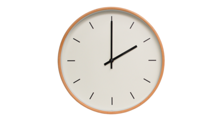 Isolated on white background Minimalist style wooden wall clock, showing time at  02.00 or 14.00 - Perfect for Time Management and Scheduling Concepts