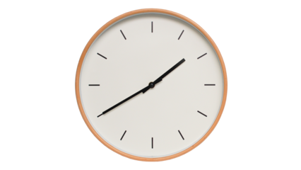 Isolated on white background Minimalist style wooden wall clock, showing time at  13.40 or - 01.40 Perfect for Time Management and Scheduling Concepts