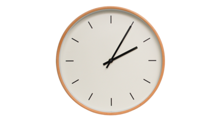 Isolated on white background Minimalist style wooden wall clock, showing time at  2.05 or 14.05 - Perfect for Time Management and Scheduling Concepts