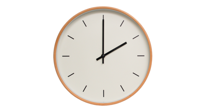 Isolated on white background Minimalist style wooden wall clock, showing time at  02.00 or 14.00 - Perfect for Time Management and Scheduling Concepts