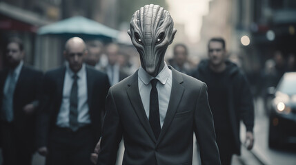 An alien creature in a business suit walking through a crowded urban street