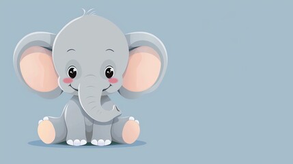 A cartoon illustration of a cute baby elephant with big ears sitting on a blue background.